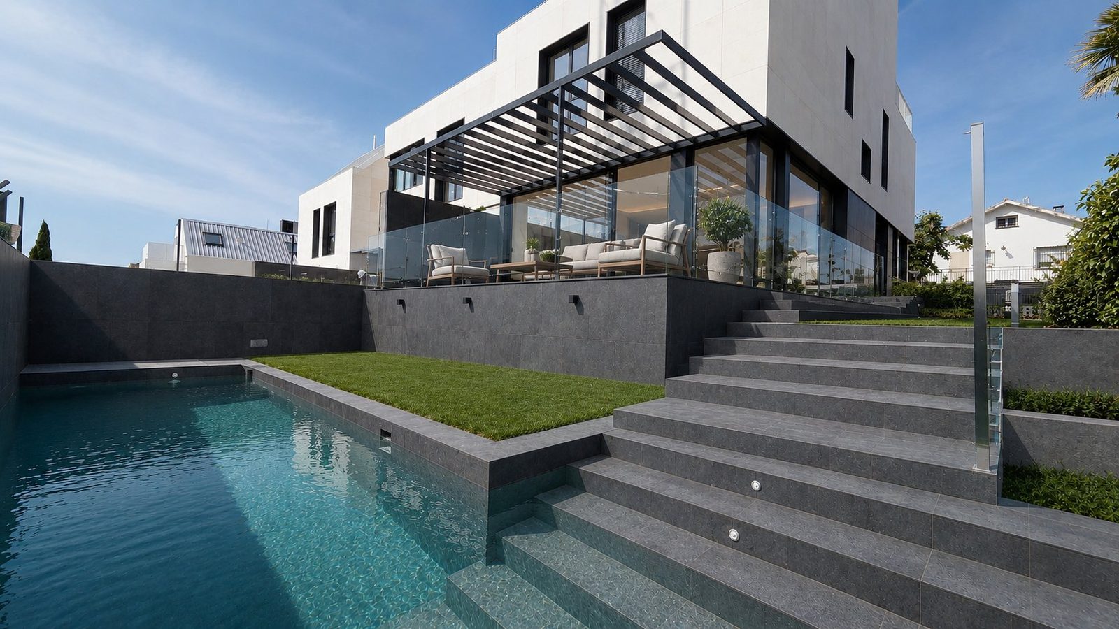 Piscina y fachada exterior con terraza
